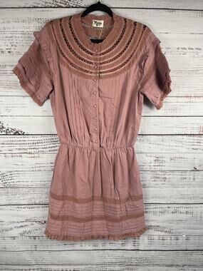 Show Me Your Mumu Dress Women's Size S Pink Lace Yoke Ruffle Boho Mini NWT